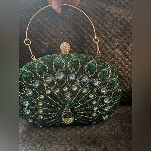 Peacock GREEN Rhinestone Evening Bag Luxury Beaded Clutch Purse Gold Trim Chain
